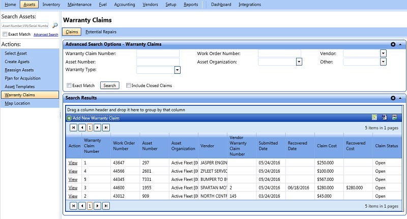 Advanced search options - warranty claims