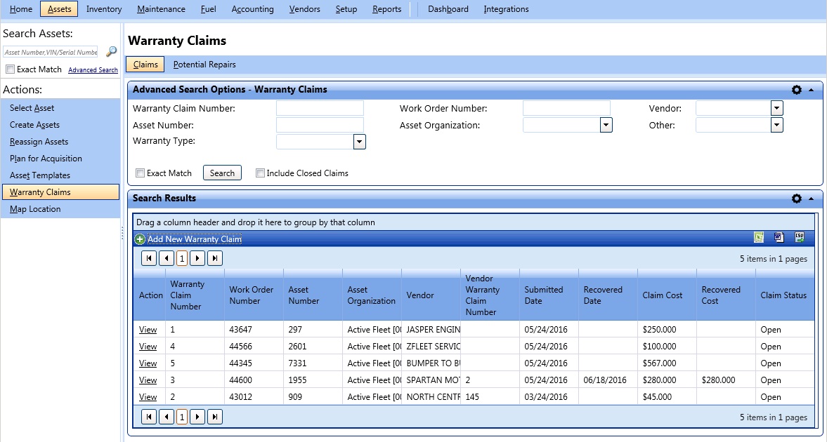 Advanced Search Options - Warranty Claims