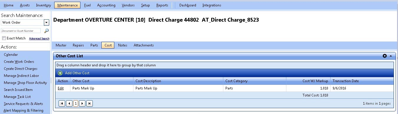 Cost tab image