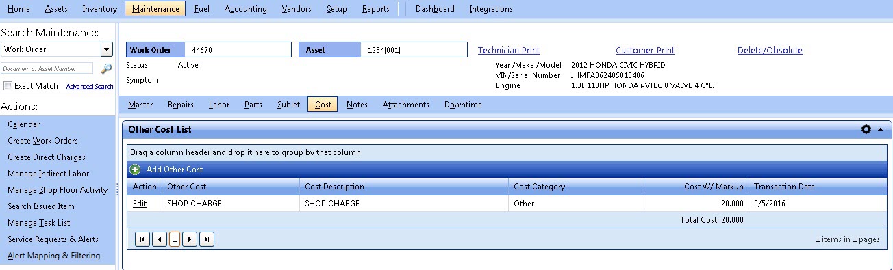 Cost tab image