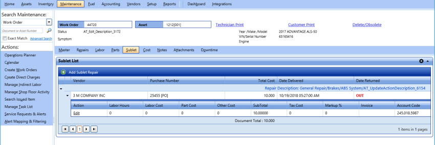 Sublet Tab Work Order