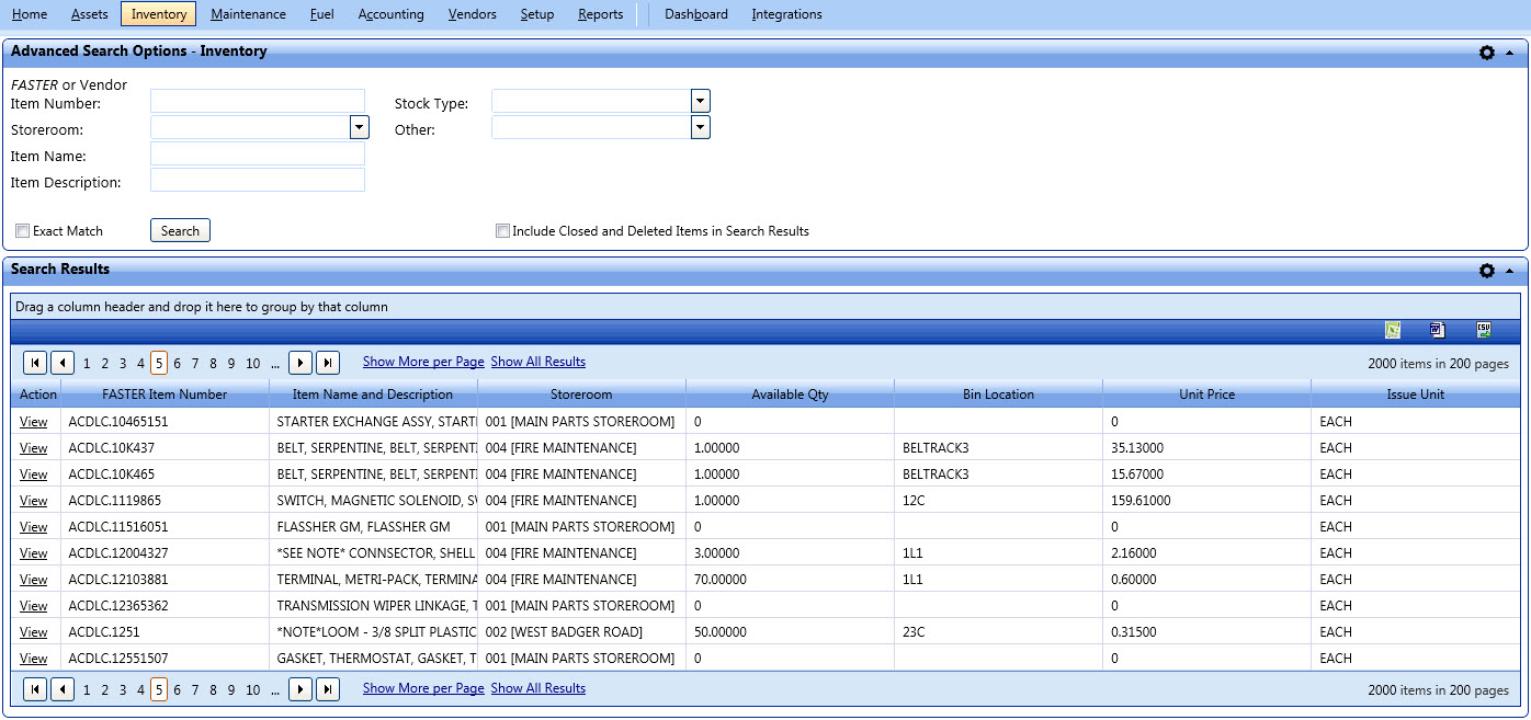 Advanced search options - inventory