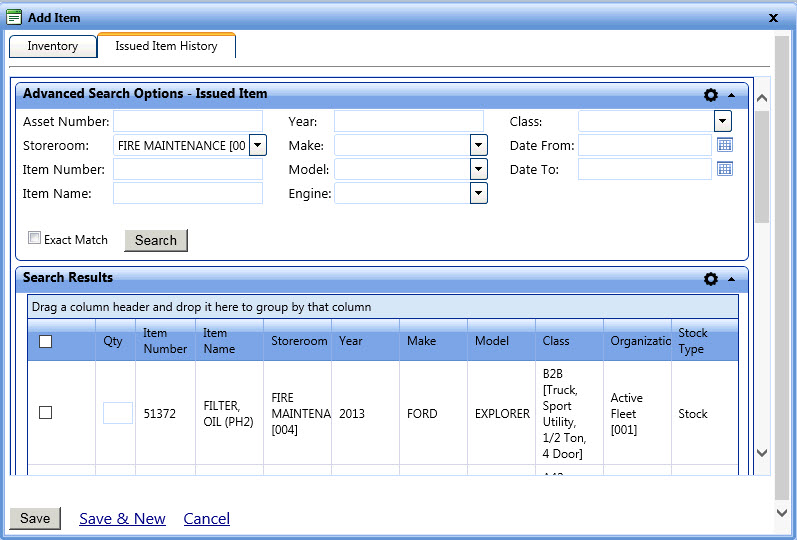 Advanced search options - issued parts