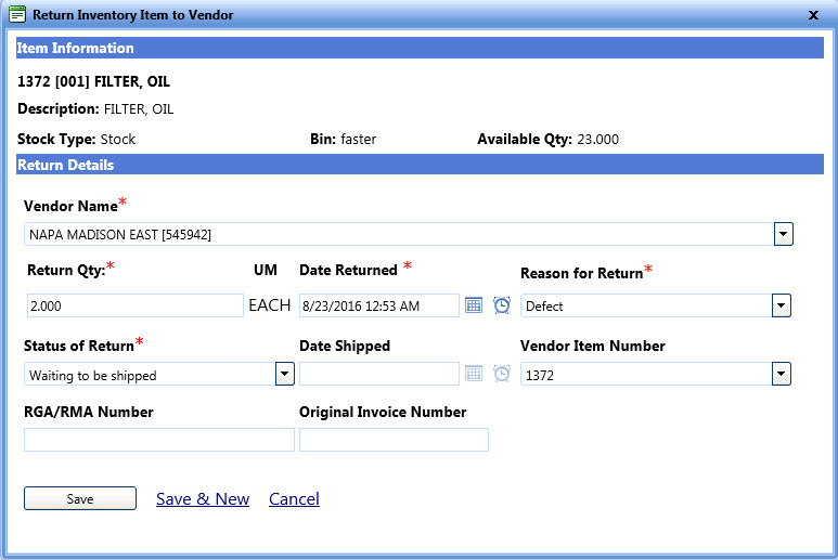 Return inventory item to vendor