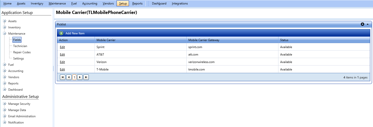 Mobile carrier picklist